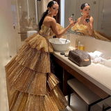 Fancy Ball Gown Strapless Gold Sequin Long Prom Dresses Evening Dress HZ1024