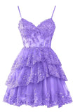 Homecoming Dresses for Teens Sparkly Tulle Lace Applique Tiered A-line Hoco Dress HZ1024