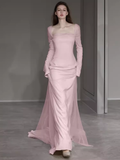 Simple Mermaid Long Sleeves Pink Long Prom Dresses HZ1024