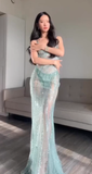 Pretty Mermaid Spaghetti Straps Sequin Green Long Prom Dresses Evening Dress HZ1024