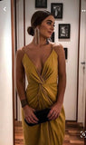 Modest Sheath Spaghetti Straps Gold Long Prom Dresses Evening Dress HZ1024