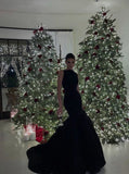 Modest Mermaid Boat Sleeveless Black Satin Prom Dresses Long Evening Dress HZ1024