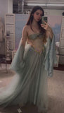 Princess Strapless Off The Shoulder Long Sleeves Dusty Green Floor Length Long Prom Dresses HZ1024