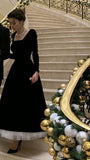 Vintage Ball Gown Square Neckline Black Velvet Knee Length Prom Dresses Long Sleeves Evening Dress HZ1024