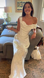 Pretty Sheath Off The Shoulder White Lace Satin Prom Dresses Long Evening Dress HZ1024