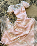 Vintage A Line Square Neckline Short Sleeves Pink Tulle Prom Dresses Long Lace Evening Dress HZ1024