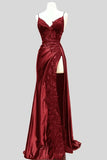Pretty Sheath Straps Sleeveless Burgundy Long Slit Slit Prom Dresses Evening Dress With Lace HZ1024