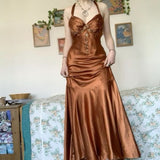 Pretty Mermaid Halter Sleeveless Brown Long Prom Dresses Evening Dress With Beads HZ1024