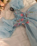 Pretty Ball Gown Sweetheart Short Puffy Sleeves Light Sky Blue Prom Dresses Long Evening Dress HZ1024