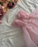 Pretty Ball Gown Strapless Long Pink Hand Made Flowers Prom Dresses Long Evening Dress HZ1024