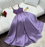 Gorgeous A Line Spaghetti Straps Light Grape Long Satin Prom Dresses Evening Dress HZ1024