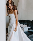 Elegant A Line Spaghetti Straps Long Satin White Prom Dresses Evening Dress HZ1024