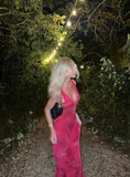 Elegant Sheath V Neckline Hot Pink Floral Lace Long Prom Dresses Evening Gowns HZ1024