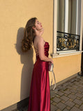 Modest A Line Spaghetti Straps Backless Burgundy Satin Long Prom Dresses Evening Dress HZ1024