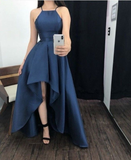 Vintage High Low Halter Navy Blue Satin Prom Dresses Evening Gowns HZ1024