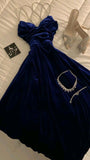 Modest A Line Straps Sleeveless Royal Blue Velvet Beads Long Prom Dresses Evening Dress HZ1024