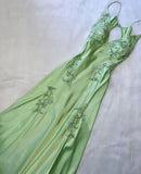 Vintage Sheath Spaghetti Straps Mint Green Lace Floor Length Prom Dresses Backless Evening Dress HZ1024