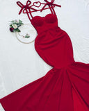 Pretty Mermaid Spaghetti Straps Red Long Party Dress, Satin Prom Dress HZ1024