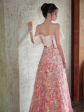 Fairy Style A-line Off Shoulder Strapless Pink Long Evening Dress Prom Dress HZ1024
