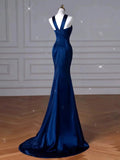 Sexy Mermaid High Neckline Navy Blue Satin Evening Dress Long Prom Dresses Party Dress With Ruffles HZ1024