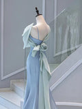Elegant Mermaid One Shoulder Light Sky Blue Satin Bow Long Prom Dress Evening Dress HZ1024
