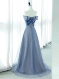 Elegant A Line Off The Shoulder Blue Sequin Long Prom Dress Evening Dresses HZ1024