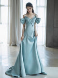 Pretty A Line Spaghetti Straps Light Sky Blue Satin Long Prom Dress Evening Dresses HZ1024