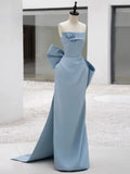 Pretty Sheath Strapless Blue Satin Long Prom Dress Evening Dresses With Bow HZ1024