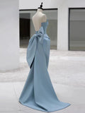 Pretty Sheath Strapless Blue Satin Long Prom Dress Evening Dresses With Bow HZ1024
