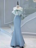 Pretty Mermaid Strapless Blue Satin Long Prom Dress Evening Dresses With Bow HZ1024