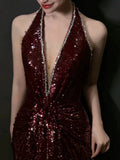 Sexy Mermaid V Neckline Burgundy Sequin Prom Dresses Evening Dress With Beads HZ1024