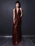 Sexy Mermaid V Neckline Burgundy Sequin Prom Dresses Evening Dress With Beads HZ1024