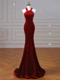 Sexy Mermaid Halter Red Velvet Long Prom Dresses Evening Dress HZ1024
