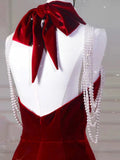 Sexy Mermaid Halter Red Velvet Long Prom Dresses Evening Dress HZ1024