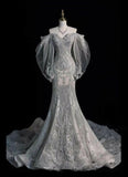 Elegant Mermaid Off The Shoulder Tulle Lace Long Wedding Dresses HZ1024