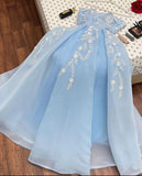 Sexy A line Strapless Light Sky Blue Organza Prom Dress With Appliques Long Prom Dresses Party Dress HZ1024