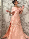 Pretty Mermaid Off The Shoulder Pink Satin Long Prom Dress Evening Dresses With Appliques HZ1024