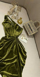 Elegant Sheath One Shoulder Olive Green Velvet Long Prom Dress Evening Dresses With Ruffles HZ1024