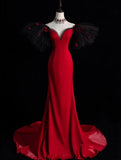 Pretty Mermaid Off The Shoulder Satin Red Long Evening Dress Prom Dresses With Sleeves HZ1024