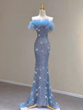 Pretty Mermaid Strapless Sequin Long Evening Dress Prom Dresses With Feather HZ1024