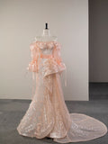 Pretty Mermaid Off The Shoulder Sequin Long Sleeves Evening Dress Pink Prom Dresses With Ruffles HZ1024