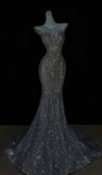 Pretty Mermaid Off The Shoulder Sequin Cap Sleeves Evening Dress Silver Prom Dresses With Beads HZ1024