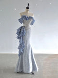 Pretty Mermaid Off The Shoulder Sequin Cap Sleeves Blue Evening Dress Long Prom Dresses With Ruffles HZ1024