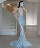 Pretty Mermaid Sweetheart Sequin Blue Long Evening Dress Prom Dresses With Ruched Bodice HZ1024