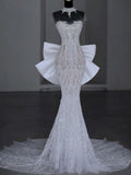 Chic Mermaid Scoop Neckline Cap Sleeves Tulle White Long Wedding Dresses With Bow HZ1024