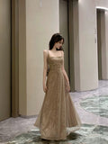 Elegant A line Spaghetti Straps Champagne Long Length Prom Dress Birthday Outfits HZ1024