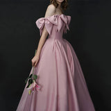Elegant A line Off The Shoulder Satin Pink Evening Dress Long Prom Dresses HZ1024