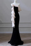 Elegant Mermaid Strapless Black Velvet Flowers Ruffles Prom Dresses Party Dresses HZ1024