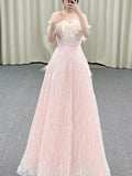 Gorgeous A Line Off The Shoulder Sequin Pink Long Evening Dress Prom Dresses Birthday Outfits HZ1024