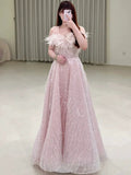 Gorgeous A Line Off The Shoulder Sequin Pink Long Evening Dress Prom Dresses Birthday Outfits HZ1024